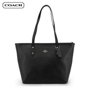 COACH City 托特包 簡約小Logo 純色皮革手提單肩包 黑色