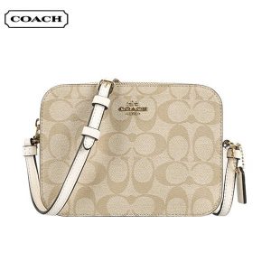 COACH 經典馬車LOGO PVC 拉鏈相機包 單肩斜挎包 淺卡其色