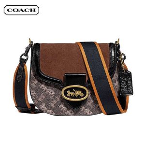 COACH Kat 20系列馬車圖案印花 馬車扣 單肩斜跨馬鞍包 棕黑色
