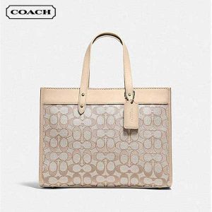 COACH 經典標誌緹花 FIELD 30號 托特包 大號 手提單肩包 米色老花