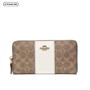 COACH 蔻馳 拼接LOGO花紋拉鍊長夾 多卡位錢包 女款 卡其白