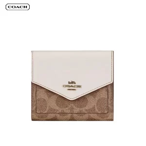 COACH 蔻馳 馬車LOGO防刮皮革三折信封短夾 零錢包 卡其白