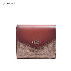 COACH 蔻馳 馬車LOGO防刮皮革三折信封短夾 零錢包 紅棕配老花