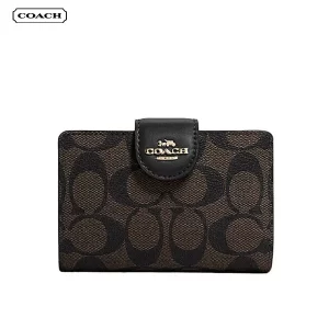 COACH 蔻馳 經典滿版C LOGO PVC 防刮皮革壓扣中夾 零錢包 女款 C0082 深棕黑