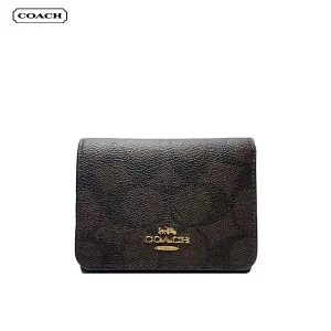 COACH 經典馬車LOGO PVC皮革三折短夾 零錢包 深棕色