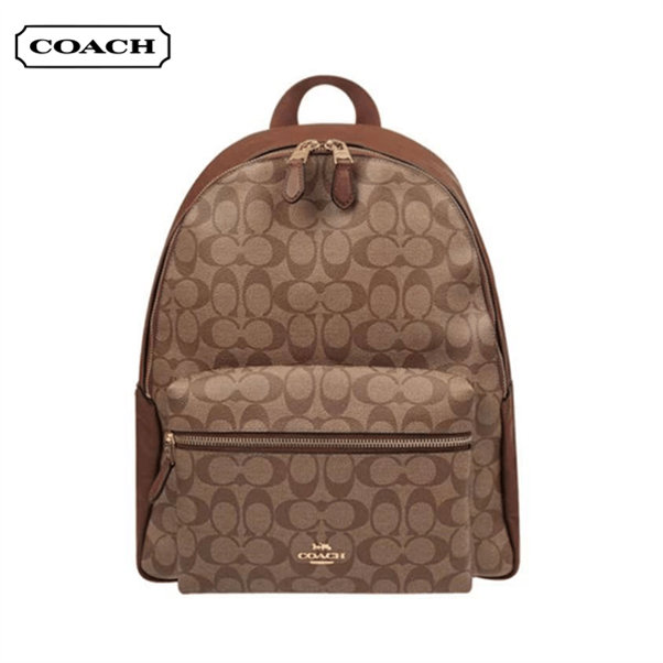 COACH 蔻馳 Charlie 30 經典老花雙肩包 中號 卡其棕色