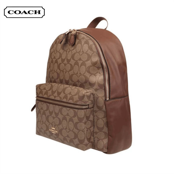 COACH 蔻馳 Charlie 30 經典老花雙肩包 中號 卡其棕色