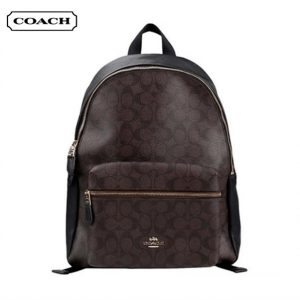 COACH 蔻馳 Charlie 30 經典老花雙肩包 書包背包 女款 中號 深棕色