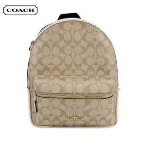 COACH 蔻馳 Charlie 27 經典老花雙肩包 書包 背包 中號 女款 淺卡其老花拼白色