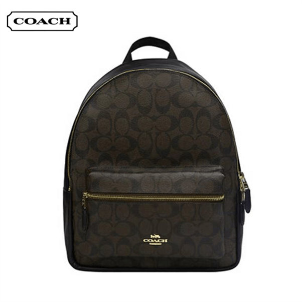 COACH 蔻馳 Charlie 27 經典老花雙肩包 中號 深棕色