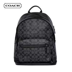 COACH 蔻馳 West 皮質拉鏈雙肩包 背包 男款 黑色老花