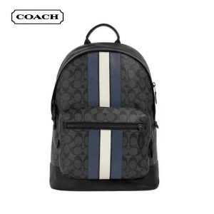 COACH 蔻馳 West 經典老花藍白條紋男士雙肩包 後背包 旅行包 大號 黑灰色