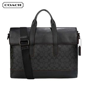 COACH 男士翻蓋PVC配皮公事包 手提單肩斜背包 電腦包 黑色