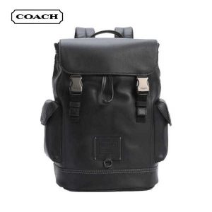 COACH Rivington 皮革翻蓋雙肩包 男士多功能休閒旅行包 後背包 黑色