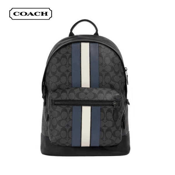 COACH 蔻馳 West 經典老花藍白條紋男士雙肩包