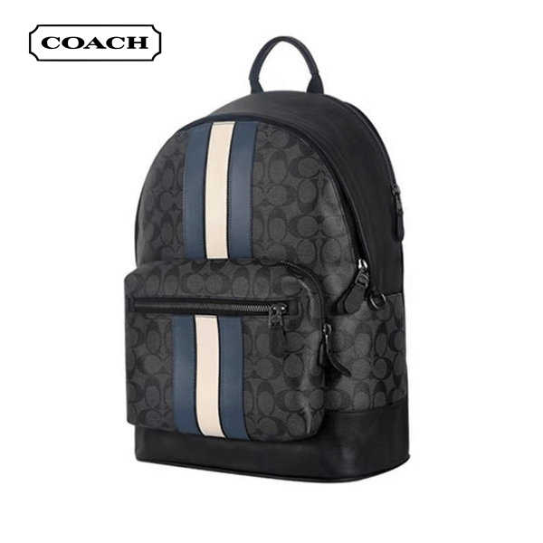 COACH 蔻馳 West 經典老花藍白條紋男士雙肩包