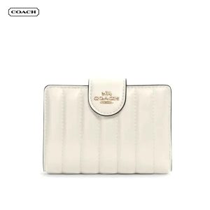 【黑/白】COACH 絎縫羊皮按壓扣式中夾 多卡位錢包 女款