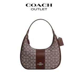 COACH Carmen 經典標誌緹花帆布拼皮單肩腋下包