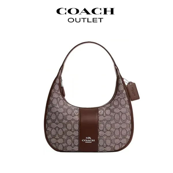 COACH Carmen 經典標誌緹花帆布拼皮單肩腋下包
