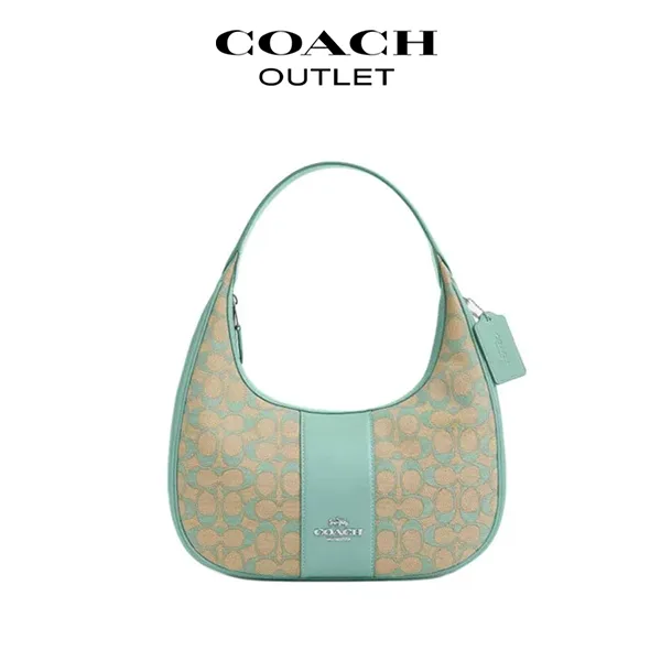 COACH Carmen 經典標誌緹花帆布拼皮單肩腋下包