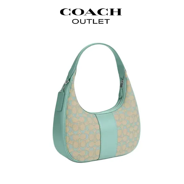 COACH Carmen 經典標誌緹花帆布拼皮單肩腋下包